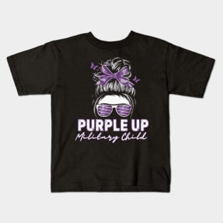 Purple up for military kids Messy bun Military child Month Kids T-Shirt